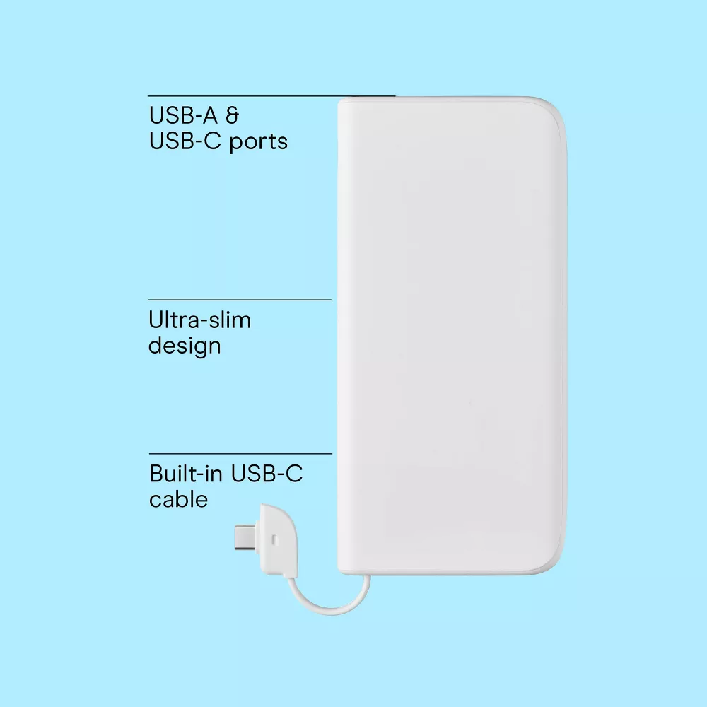 Ultra Slim 10000mAh Travel Power Bank With Built-in Cord